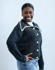 Grey and white vintage cardigan with buttons and collar for women from Favored and Common in NC