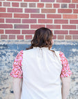Pink and red floral sleeve blouse with ruffle neck blouse