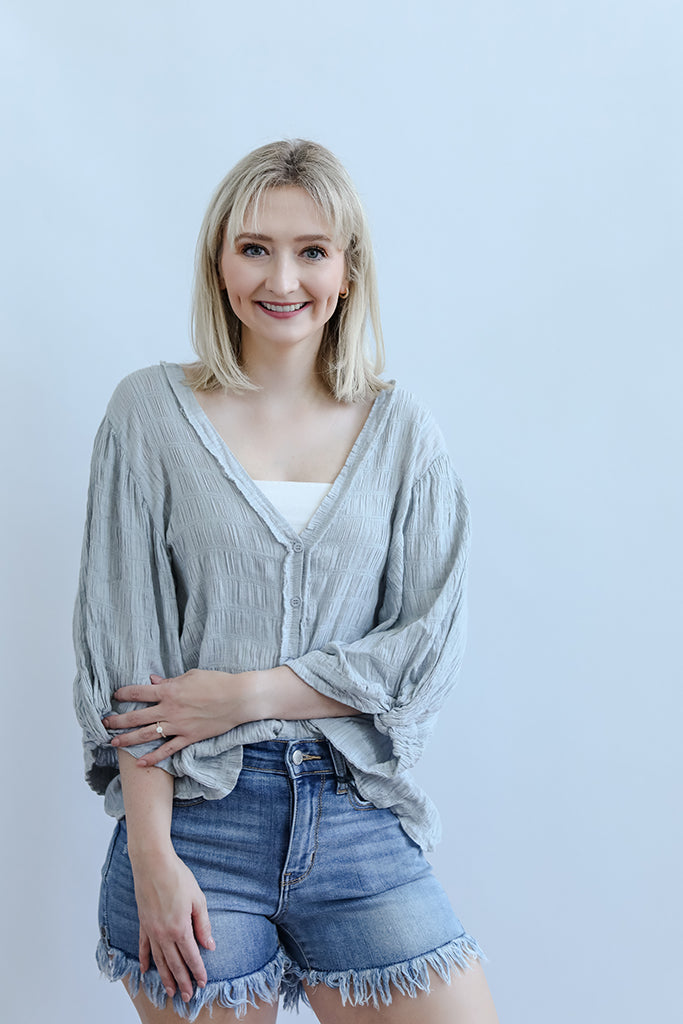 Baby blue gauze blouse with v neck from Favored and Common in NC