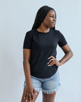 Black basic womens tee in bamboo material from Favored And Common in NC