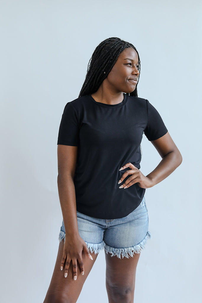 Black basic womens tee in bamboo material from Favored And Common in NC