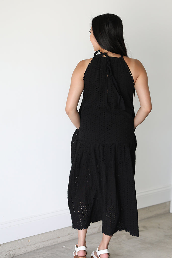 Midnight Eyelet Halter Maxi Dress