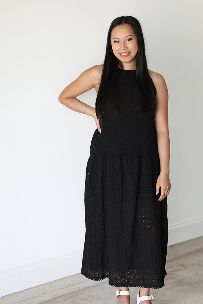 Midnight Eyelet Halter Maxi Dress