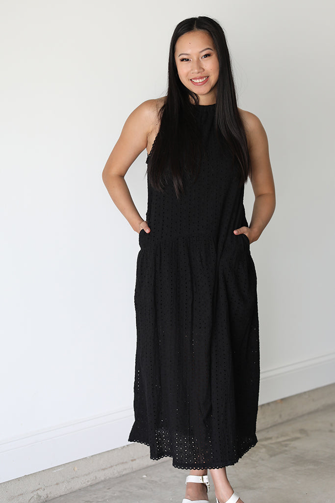 Midnight Eyelet Halter Maxi Dress