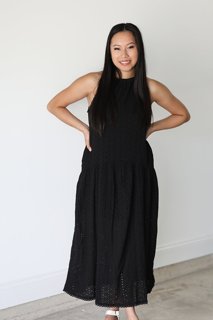 Midnight Eyelet Halter Maxi Dress