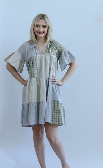 Blue and green patch work dress from Favored And Common in NC