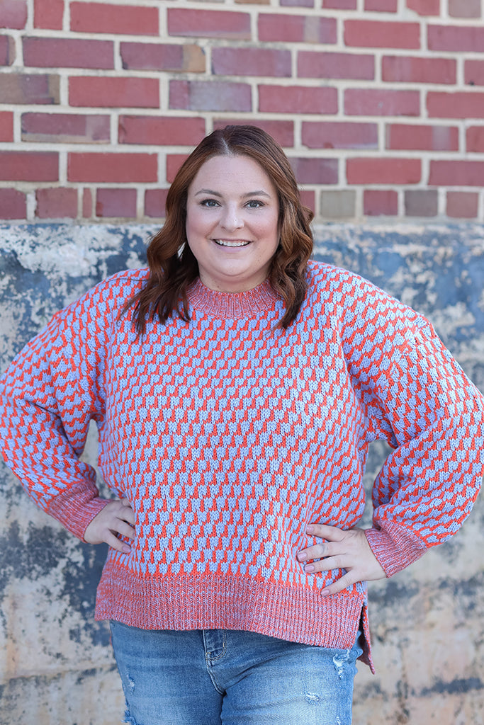 Blue and orange pattern sweater for women from Favored And Common in NC