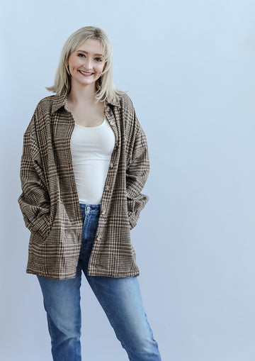 Brown plaid fall shacket for women from Favored And Common in NC 