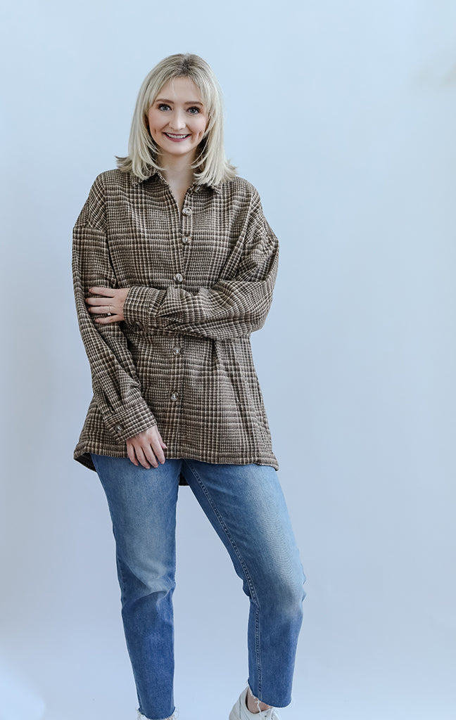 Brown plaid shacket with collar and pockets from Favored And Common in NC