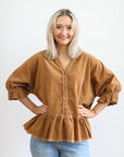 Peplum Charm Corduroy Button Down Top