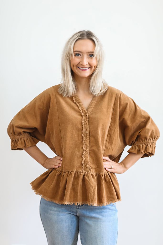 Peplum Charm Corduroy Button Down Top