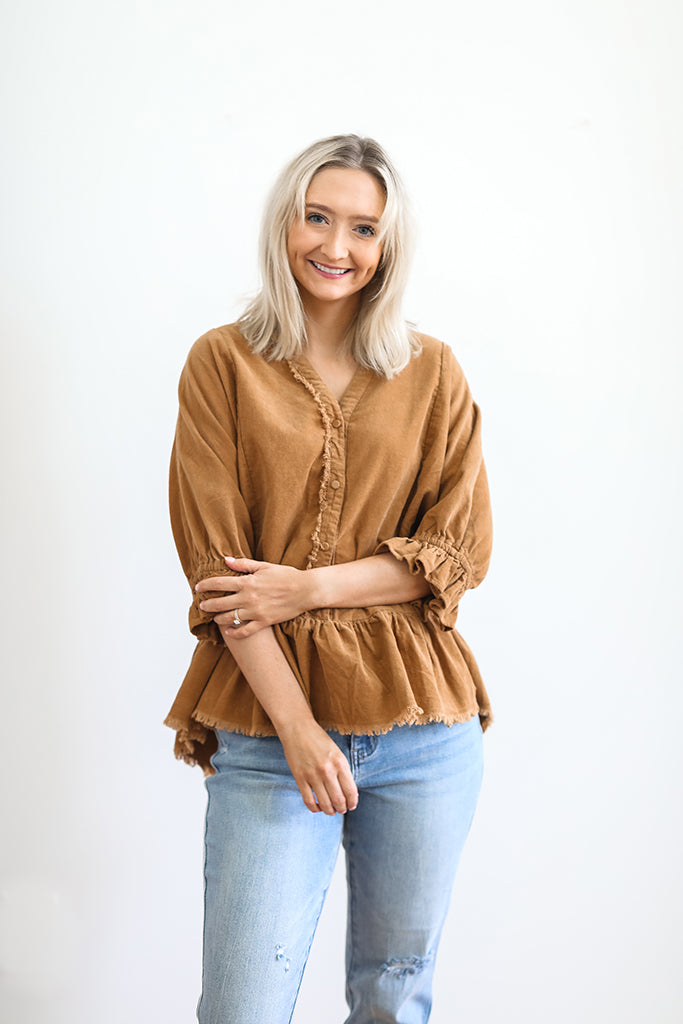 Peplum Charm Corduroy Button Down Top