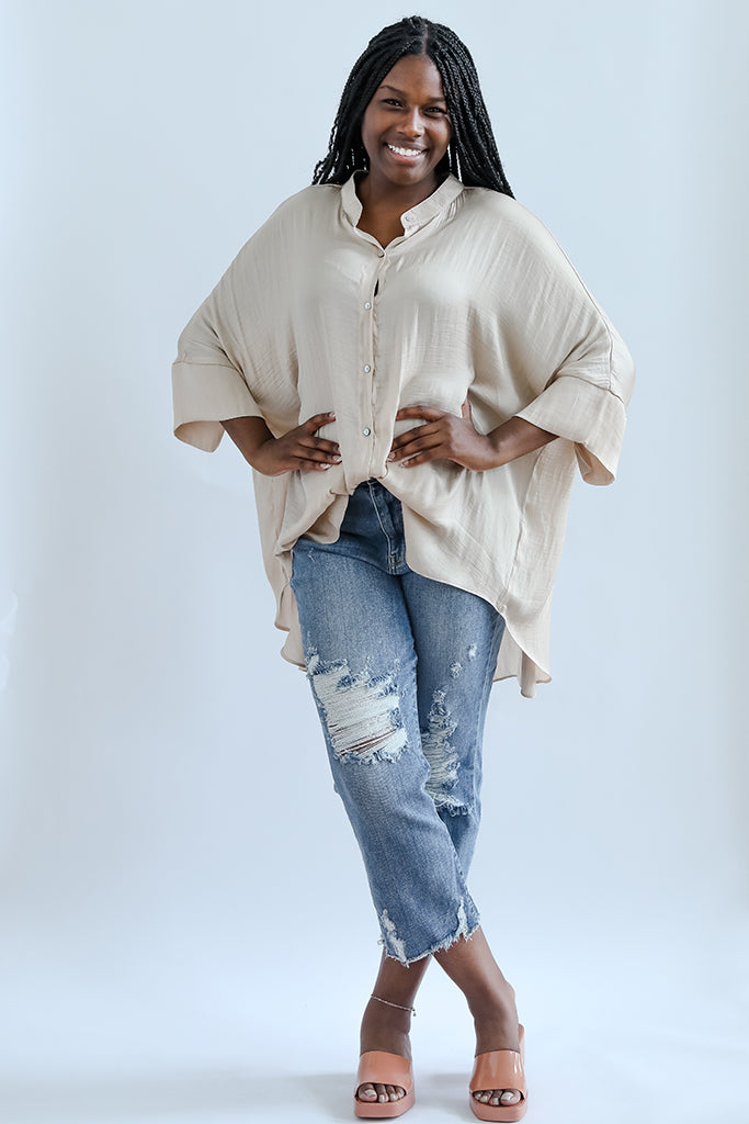 Champagne button down blouse with three quarter sleeves from Favored and Common