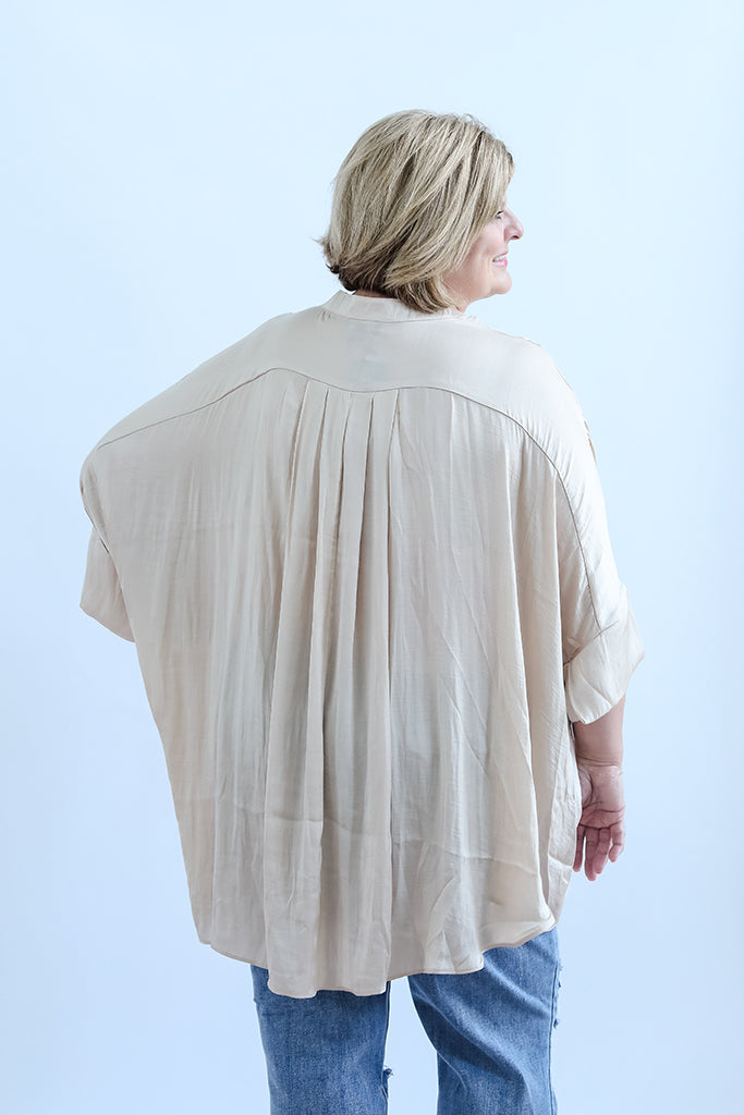 Champagne satin blouse with pleated back for women from Favored and Common in NC