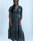 Charcoal gray satin midi dress from Favored and Common in NC