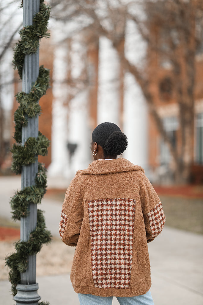 Brown cozy teddy jacket with houndstooth pattern from Favored and Common