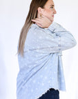 Denim jacket with star print for women from Favored and Common in NC