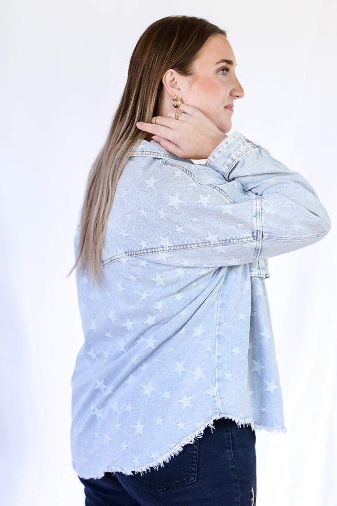 Denim jacket with star print for women from Favored and Common in NC