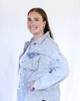 Frayed denim jacket with star print for women from Favored and Common