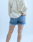 Frayed hem stretchy jean shorts for women from Favored and Common