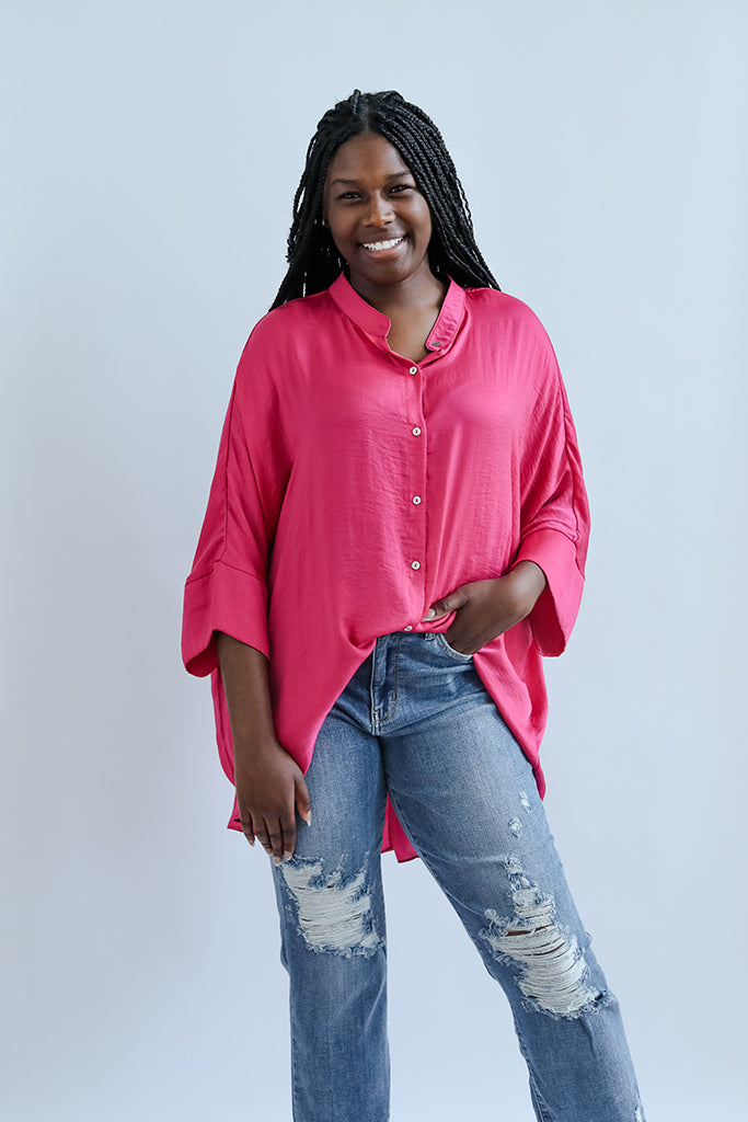 Fuchsia blouse with three quarter sleeves from Favored and Common