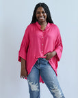 Fuchsia sating button down blouse for women from Favored and Common