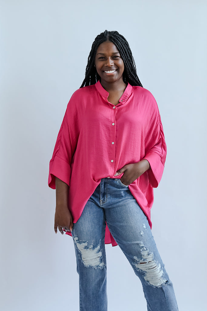 Fuchsia sating button down blouse for women from Favored and Common