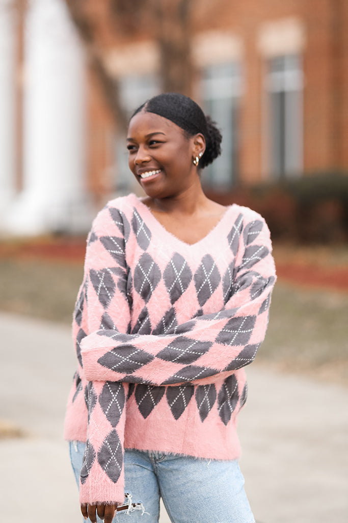 Be Mine Pink Argyle Sweater – Favored And Common