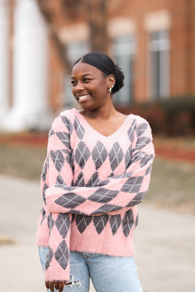 fuzzy pink and grey argyle sweater from  Favored and Common