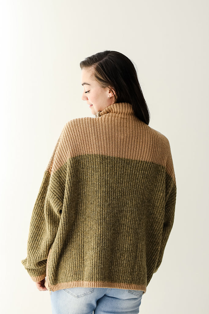 Green and brown color block sweater from Favored And Common in NC