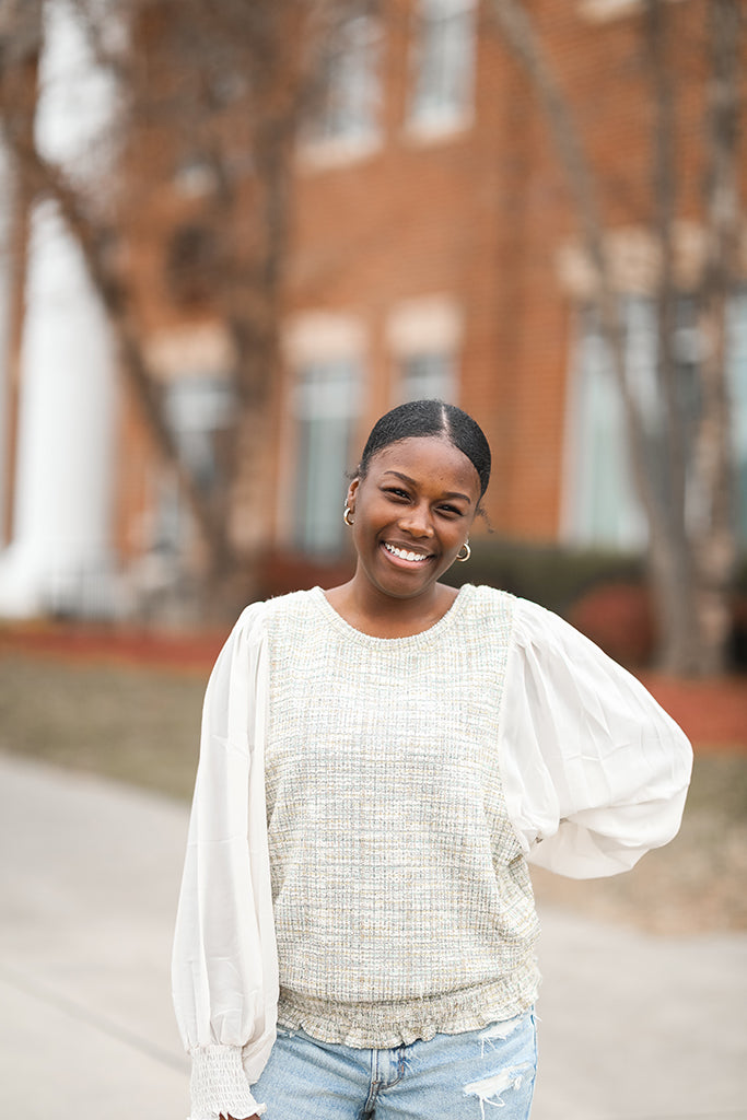 Green tweed and chiffon sleeve blouse from Favored and Common