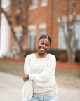 Green tweed and chiffon sleeve blouse with smocked waist band from Favored and Common