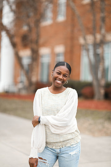 Green tweed and chiffon sleeve blouse with smocked waist band from Favored and Common