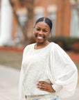 Green tweed blouse with cream chiffon sleeves from Favored and Common