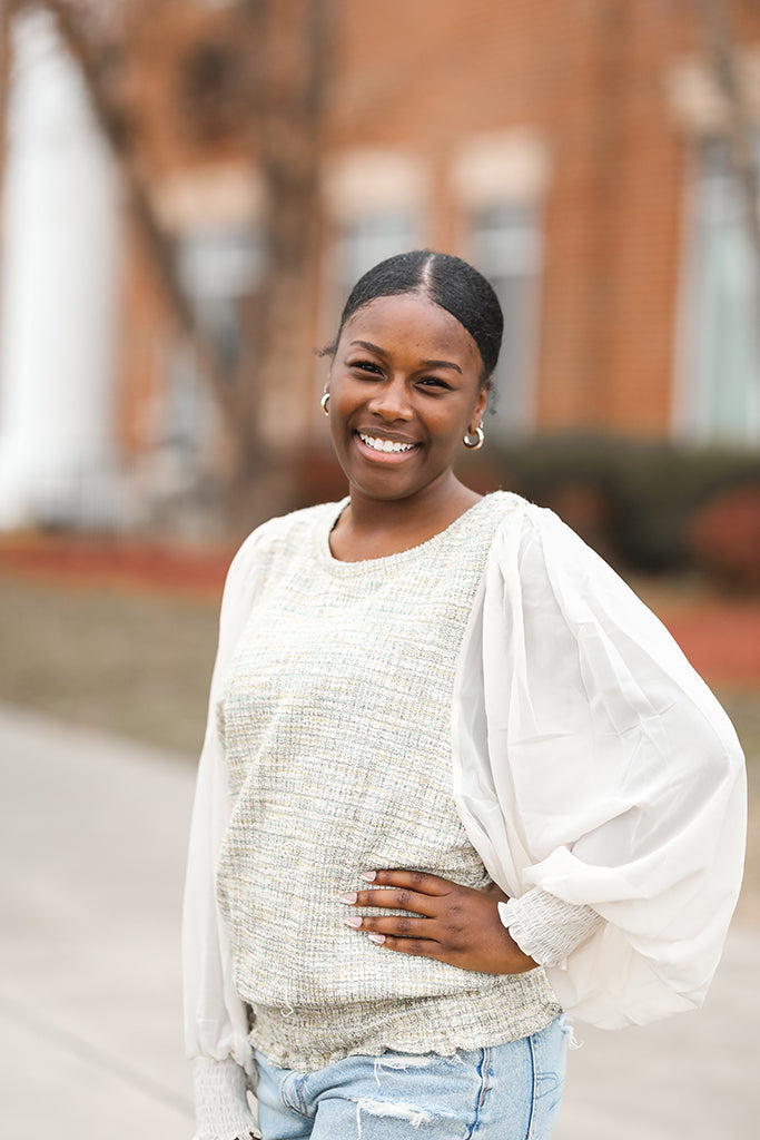 Green tweed blouse with cream chiffon sleeves from Favored and Common