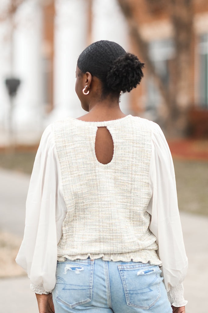 Green tweed blouse with keyhole back from Favored and Common in NC