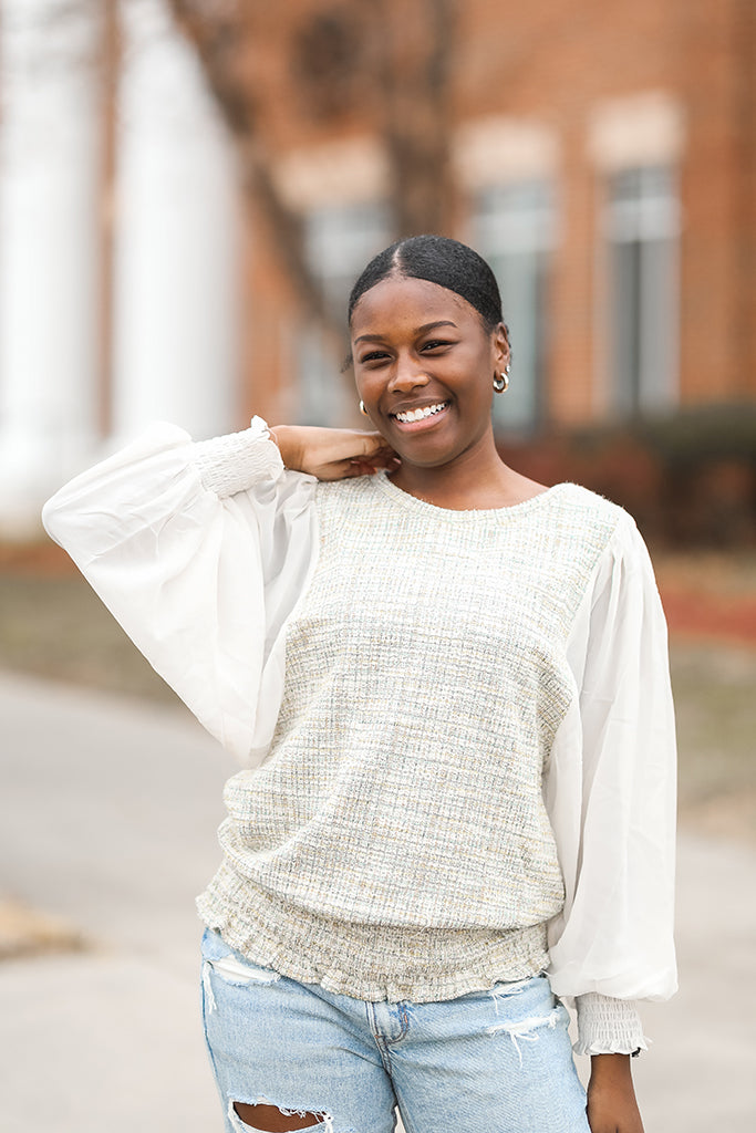 Green tweed blouse with sheer balloon sleeves from Favored and Common in NC