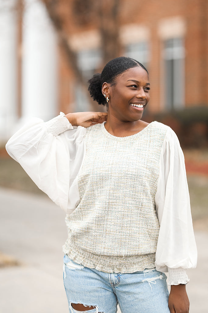 Green tweed blouse with smocked waist band from Favored and Common in NC