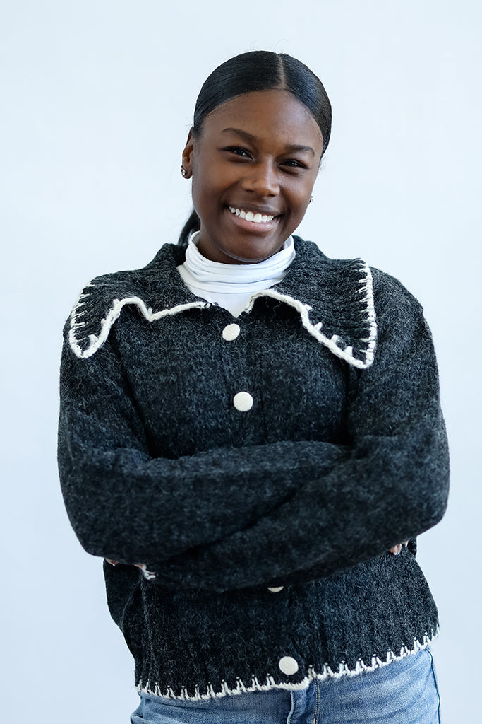 Grey and white button up cardigan with collar fro women from Favored and Common in NC