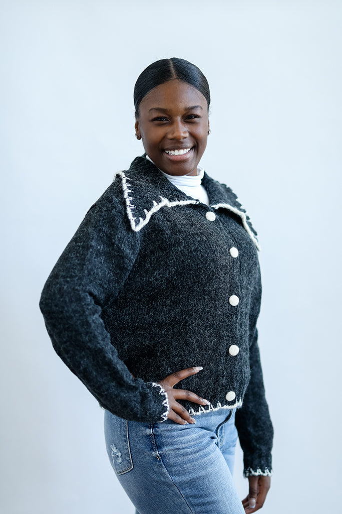 Grey and white vintage cardigan with buttons and collar for women from Favored and Common in NC