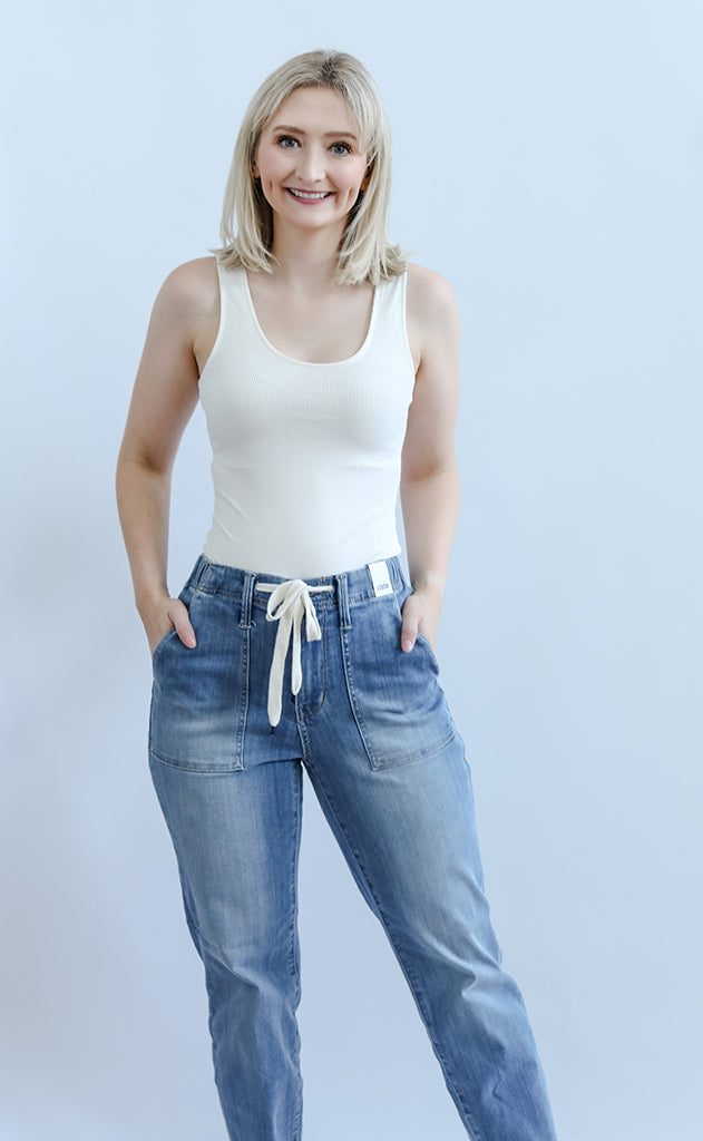 High waisted jogger jeans with elastic waist from Favored And Common