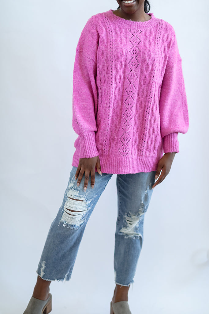 Hot pink cable knit sweater for women from Favored and Common in NC