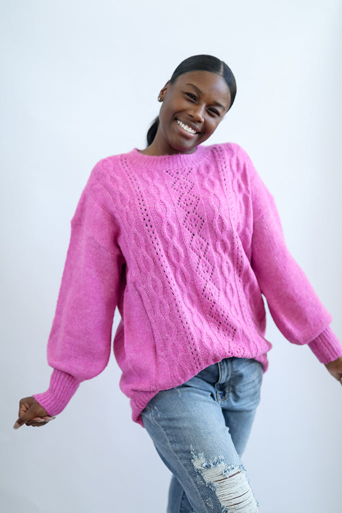 Hot pink sweater from Favored and Common with bubble sleeve