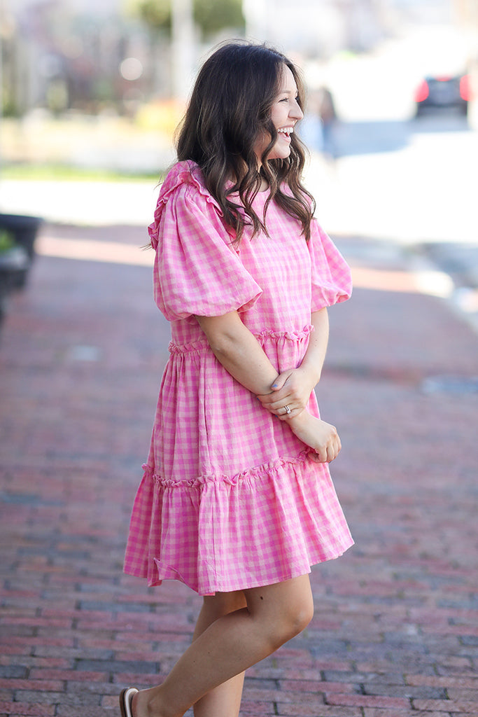 pink gingham dress puff sleeve Pink Gingham Puff Sleeve Maternity Midi Dress
