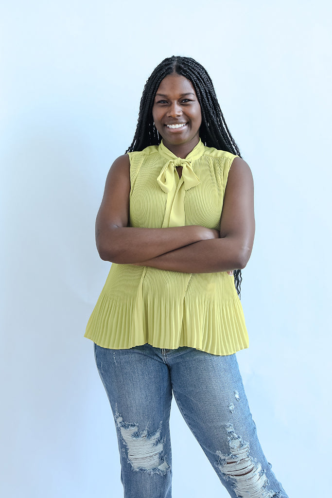 Lime green sleeveless blouse with front tie from Favored And Common in NC