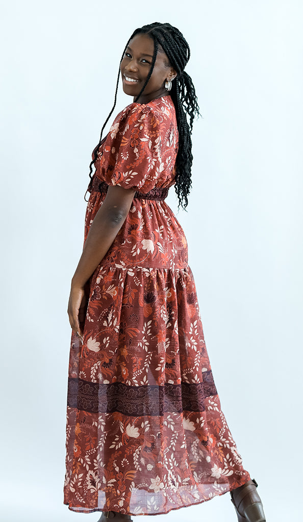 Maroon floral midi dress with v-neck from Favored And Common in NC