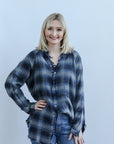 Navy flannel shacket for women from Favored And Common in NC