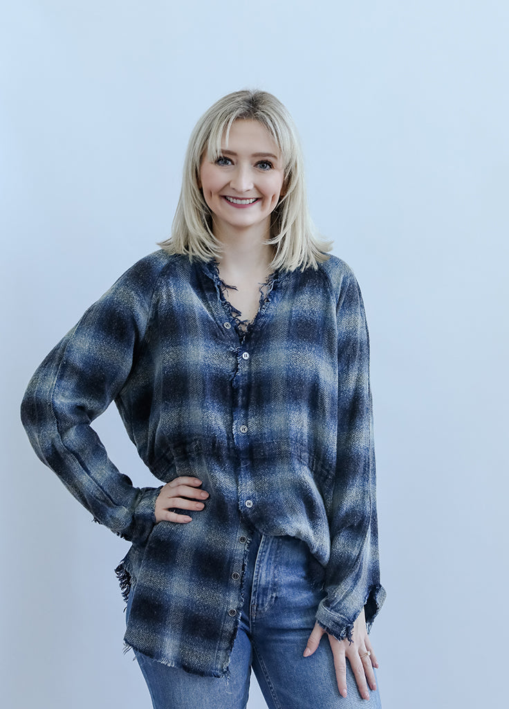 Navy flannel shacket for women from Favored And Common in NC