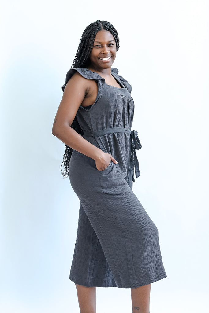 Navy linen jumpsuit for women with pockets from Favored And Common in NC