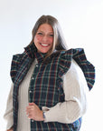 Navy plaid vest with ruffle sleeves from Favored And Common Boutique in NC